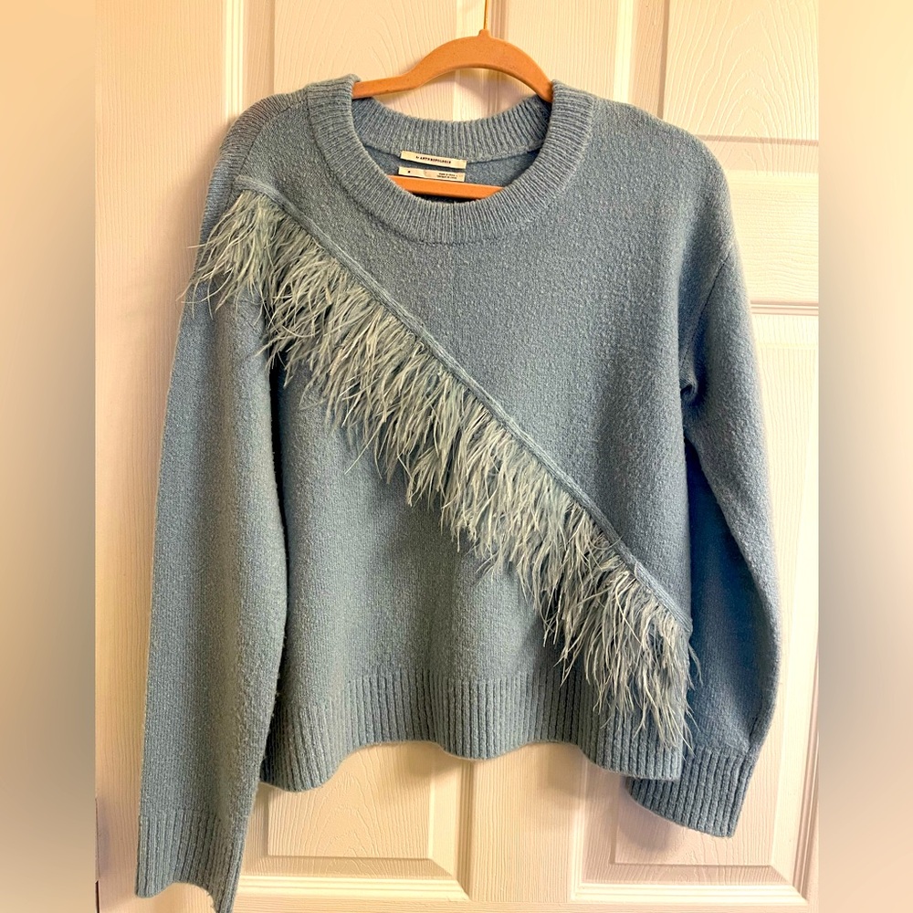 Pastel Blue Sweater with feather trim. Sz M. Excellent condition. Anthropologie